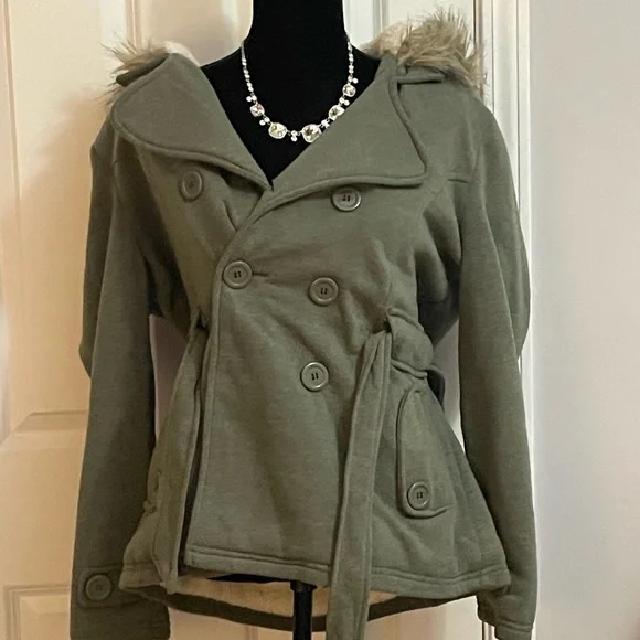 Rue21 Green Pea Coat with Faux Fur Hood - Picture 2 of 3